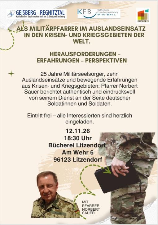 Einladung Vortrag Millitärpfarrer Sauer für Litzendorf